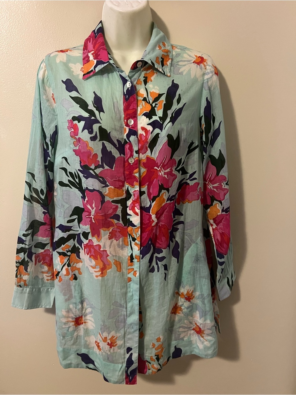 Soft Surroundings Aqua Button-Front Floral Shirt with Pink & Orange Blooms